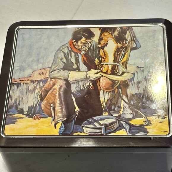Vintage Western Cowboy Tin Box Made in WESTERN GERMANY Cowboy & Horse Artwork - Picture 11 of 12